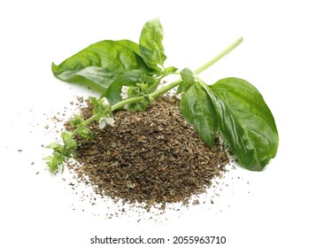 Dry Chopped Basil And Fresh Basil Flower With Green Leaves Isolated On White Background