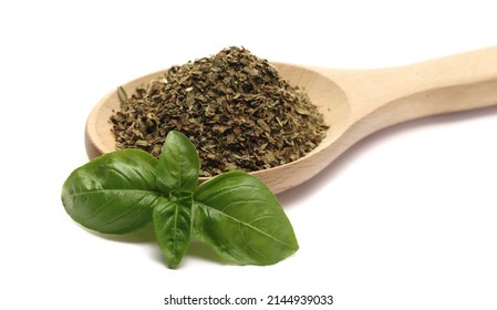 Dry Chopped Basil And Fresh Basil Green Leaves Isolated On White  