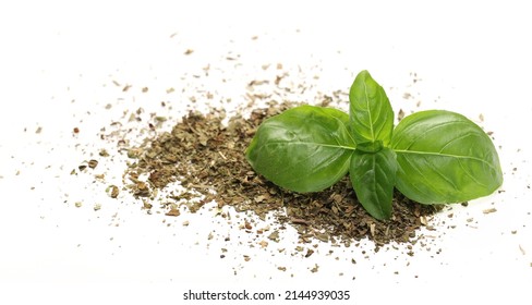 Dry Chopped Basil And Fresh Basil Green Leaves Isolated On White  