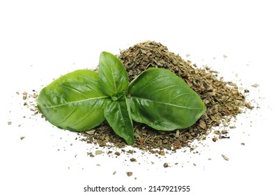 Dry Chopped Basil And Fresh Basil Green Leaves Isolated On White  