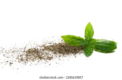 Dry Chopped Basil And Fresh Basil Green Leaves Isolated On White  