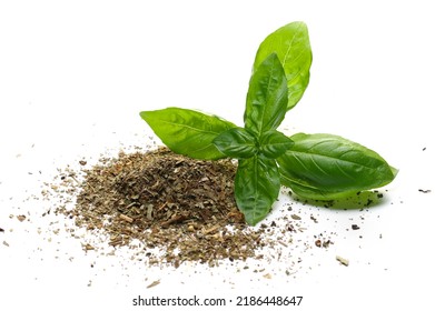 Dry Chopped Basil And Fresh Basil Green Leaves Isolated On White  