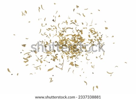 Dry chopped summer savory (Satureja hortensis) isolated on white, top view