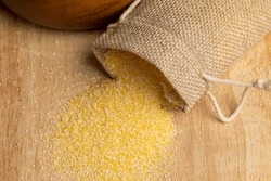 Dry Corn Flour Poured Into A Linen Bag For Making Porridge, High-quality Corn Flour From Corn Grains In A Bag
