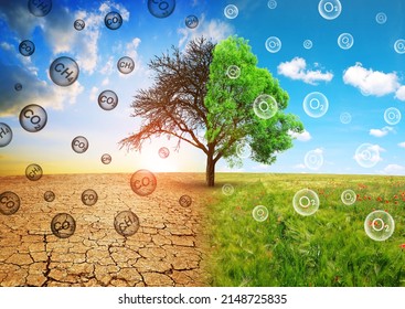 Dry Country With Cracked Soil And Lush Landscape With Tree. Concept Of Change Climate Or Global Warming. Growing Greenhouse Gas In The Atmosphere.