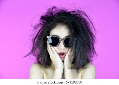 Dry And Damaged Hair Problems, Young Woman Worry About Her Messy Tangled Hair, Funny Girl And Bad Hair Day.