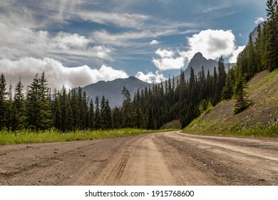 A dry dirt road under, a cloudy blue sky, leading to a forest below some rocky mountains.
