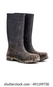 Dry dirty Mud boots isolated on pure white background 3/4 view