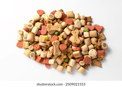 Dry dog food. Biscuit bones and crunchy organic kibble pieces for dog feed. Dog treats. Healthy dry pet food for dogs. Dry pets food. Brown crunchy kibble pieces for pets feed heap isolated on white b