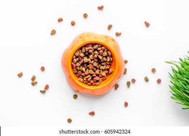 Dry Dog Food In Bowl On White Background Top View