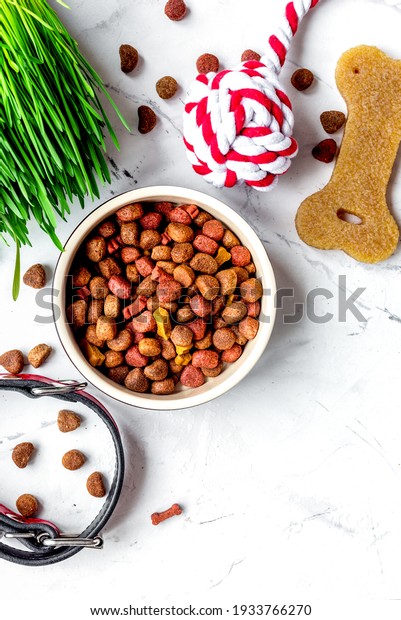 dry dog\
food in bowl on stone background top\
view