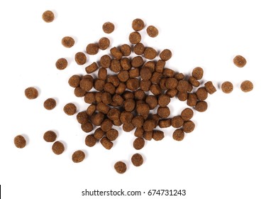 Dry Dog Food Isolated On White Background, Top View