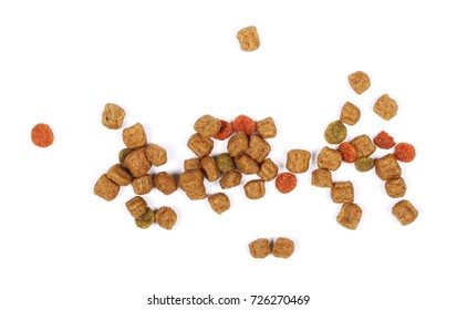 Dry Dog Food Isolated On White Background, Top View