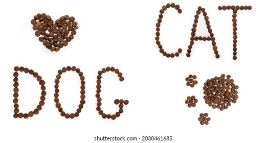 Dry Dog Food In The Shape Of Heart, Paws And Letters CAT DOG. Heart Shaped Pet Food. Food For Cats And Dogs.