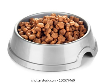 Dry Dog Treats In Bowl Isolated On White