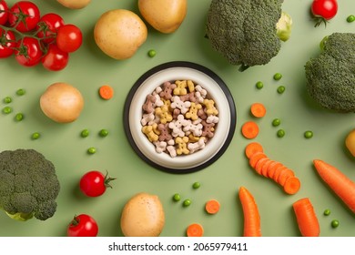 Dry Dog Vegan Vegetarian Food Concept. Raw Vegetables And Green Near Bowl With Pet Feed