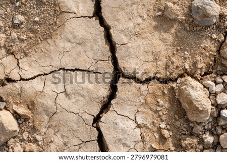 Dry earth surface features deep fissures and stony terrain in a sharp focus macro shot under harsh sunlight. Perfect for environmental conservation and global warming awareness campaigns.