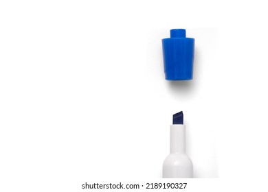 Dry Erase Marker Isolated White Background and Cap Off    Blue    Top Down View