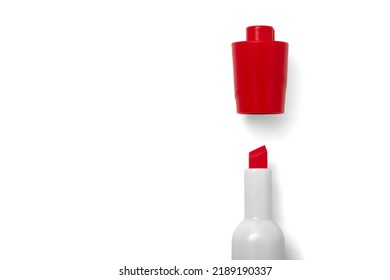 Dry Erase Marker Isolated White Background and Cap Off    Red    Top Down View