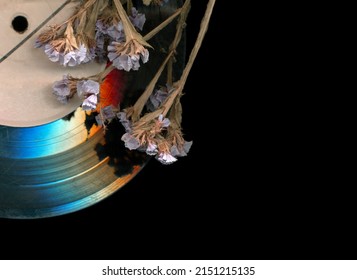 Dry Flower On Vinyl Record Music Closeup Background. Nostalgia Music Pattern. Vinyl Plate. Melancholy Vintage Stylized Photo.