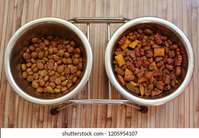 dry food for domestic cats and dogs in an iron bowl