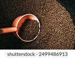 Dry food or pelleted feed for animals. Animal food close-up top view. Granulated food for dog or pelleted feed for fish . Copy Space background.