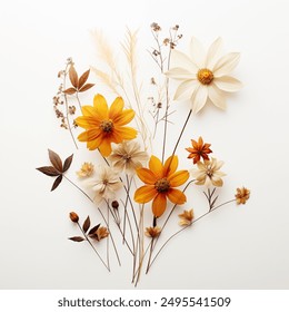 Dry and fresh flower and leaf on a white background. Text space available, flat lay design. Close up photography. - Powered by Shutterstock