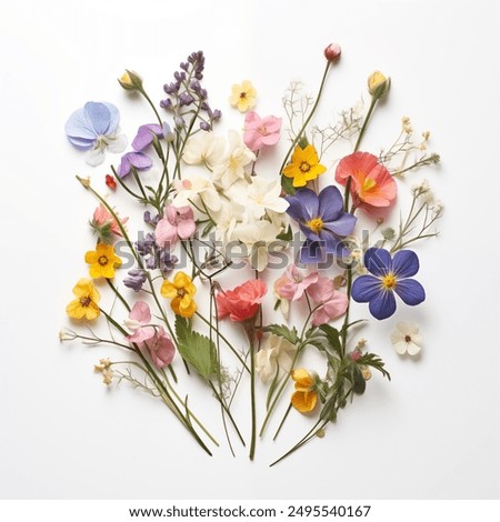 Dry and fresh flower and leaf on a white background. Text space available, flat lay design. Close up photography.