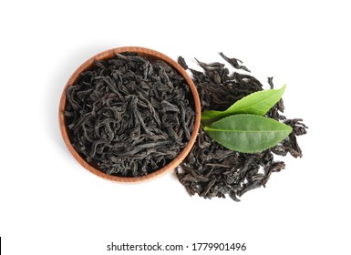 Dry And Fresh Tea Leaves Isolated On White, Top View