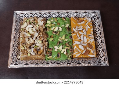 Dry Fruit Halwa Or Halva. Delicious And Healthy Sweet Snack, Made With Dry Fruits, Milk, Sugar And Butter Oil.