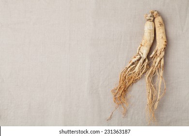 Dry Ginseng Roots On The Burlap