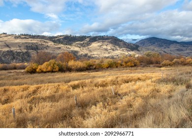 Dry Grass At The Base Of A Mountain In The Okanagan Valley In BC, Canada On A Sunny Autumn Day