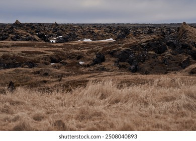 Dry grass is blowing in the wind in a desolate volcanic landscape with a cloudy sky - Powered by Shutterstock