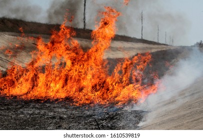 Dry Grass Burns In The Channel Of The Unused North Crimean Canal Near The Village Of Razdolnoye (Crimea, Crimean Peninsula).