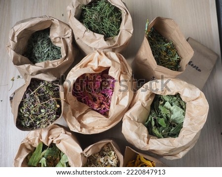 Dry herbs, inflorescences and leaves in paper bags on the table. Birch, linden, peony, sunflower, rosemary, hops, pine, mint, juniper, dried flowers. Eco-friendly and natural medicines and teas