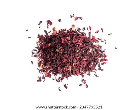 Dry Hibiscus Tea Isolated, Dry Rose Petals Pile, Fruit Red Tea, Karkade Leaves, Dried Herbal Drink, Roselle Petal, Edible Flower Leaf Hibiscus Tea on White Background Top View