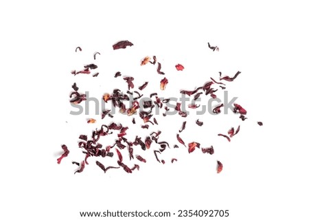 Dry Hibiscus Tea Isolated, Scattered Dry Rose Petals, Fruit Red Tea, Karkade Leaves, Dried Herbal Drink, Roselle Petal, Edible Flower Leaf Hibiscus Tea on White Background Top View