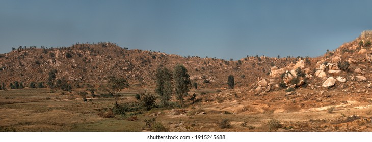Dry hills and fields in the area of the Deccan plateau, Semi-deciduous forests, scrub in winter. India