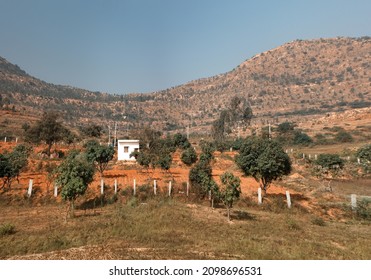 Dry hills and fields in the area of the Deccan plateau, India