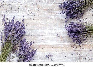 Dry Lavander Design With Bouquet On Wooden Background Top View Mockup