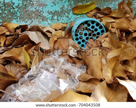 Dry leaves and garbage cover and clogged drain pipe in the old pool