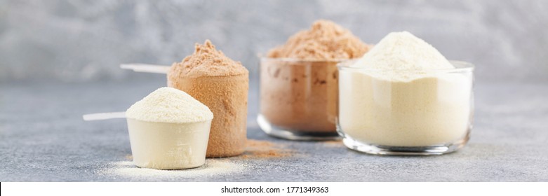 Dry mixture for preparation of sporting or dietary drink. Sports nutrition, fitness diet and food concept -  protein shake  powder  on grey background. Banner - Shutterstock ID 1771349363