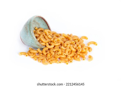 Dry Organic Chick Pea Pasta Uncooked Spills from Small Green Pottery Bowl Isolated on White - Shutterstock ID 2212456145