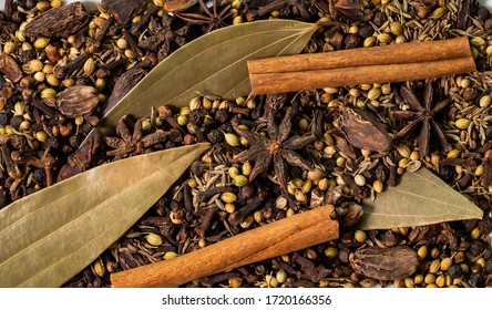 Dry Organic Garam Masala. A Mix Of Indian Spices Such As Cinnamon Cloves Cardamom Bay Leaves And Others Top View Background Or Texture. Healthy Spices, Nuts, Seeds And Herbal Products.