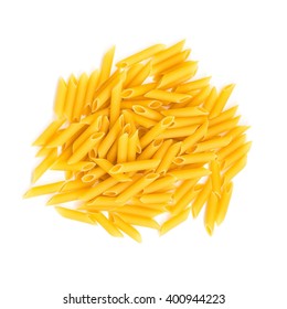 Dry Penne Rigate Pasta Isolated Over White, Top View