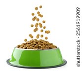 Dry pet food falling into bowl on white background