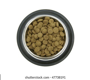 Dry Pet Food In A Metal Bowl On A White Background Top View