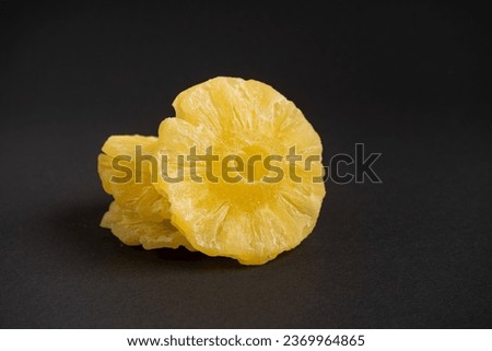 Dry Pineapple Rings Isolated, Candy Pineapples, Dehydrated Yellow Sugar Fruit, Candied Fruits Circles, Dry Pineapple on Black Background