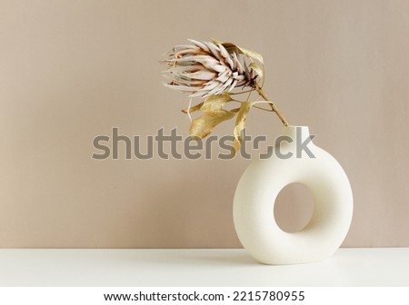 Dry Protea flower in modern ceramic vase on beige table .Copy space.Minimal Scandinavian neutral trendy colors interior decoration .