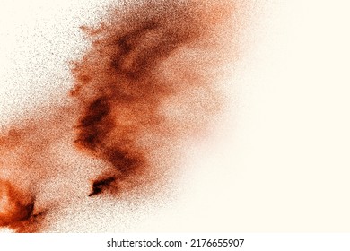 Dry River Sand Explosion. Brown Color Sand Splash Against White Background.